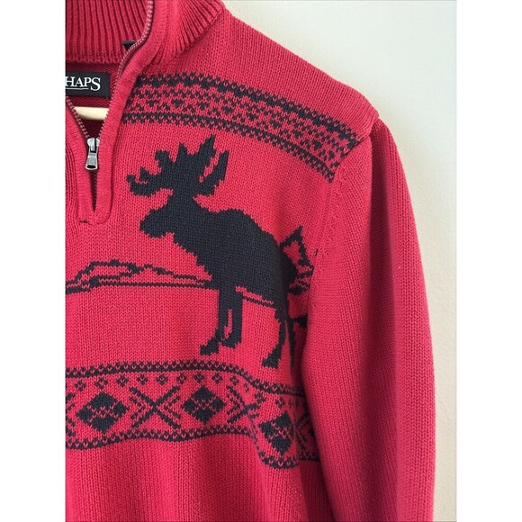 Chaps Men’s Red Quarter Zip Sweater Moose Fair Isle Design Size Large Holiday - Picture 2 of 7
